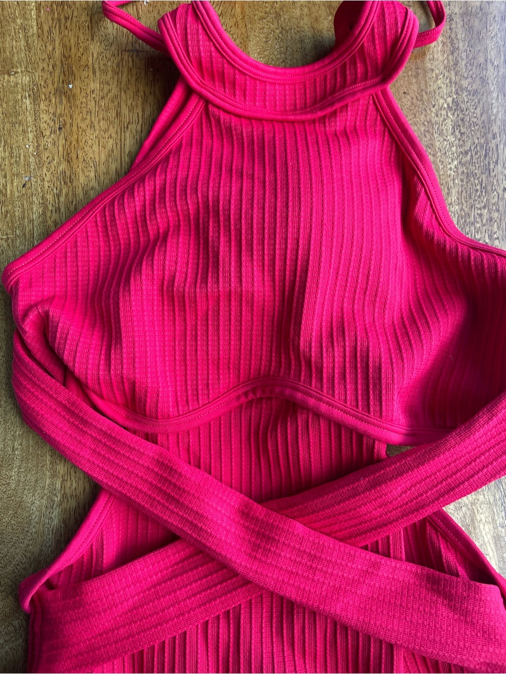 Women's Red Ribbed Crisscross One-Piece Swimsuit - Picture 4 of 6
